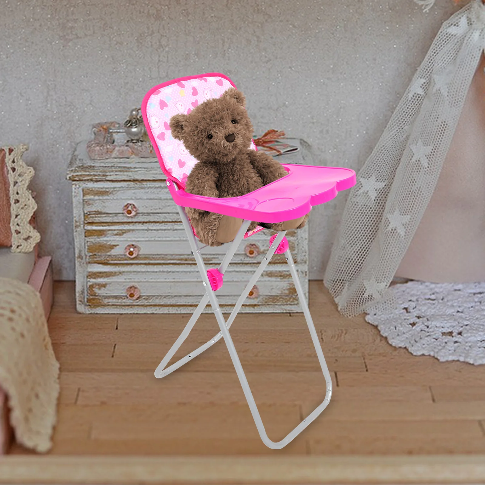 Cute Dining Chair for Dolls, Highchair Toy, Acessórios para bebês, Móveis para bonecas, Party Games Cart, Criança