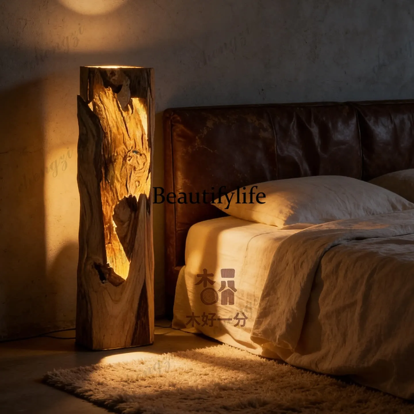 Log floor lamp wabi sabi wind decoration retro dining room solid wood lamp tea room study bedroom bedside medieval wood lamp