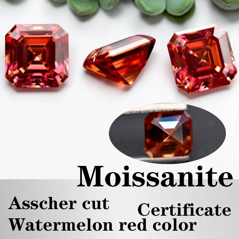 

Moissanite Asscher Cut Watermelon Red Color Certificate Artificial Gemstone VVS1