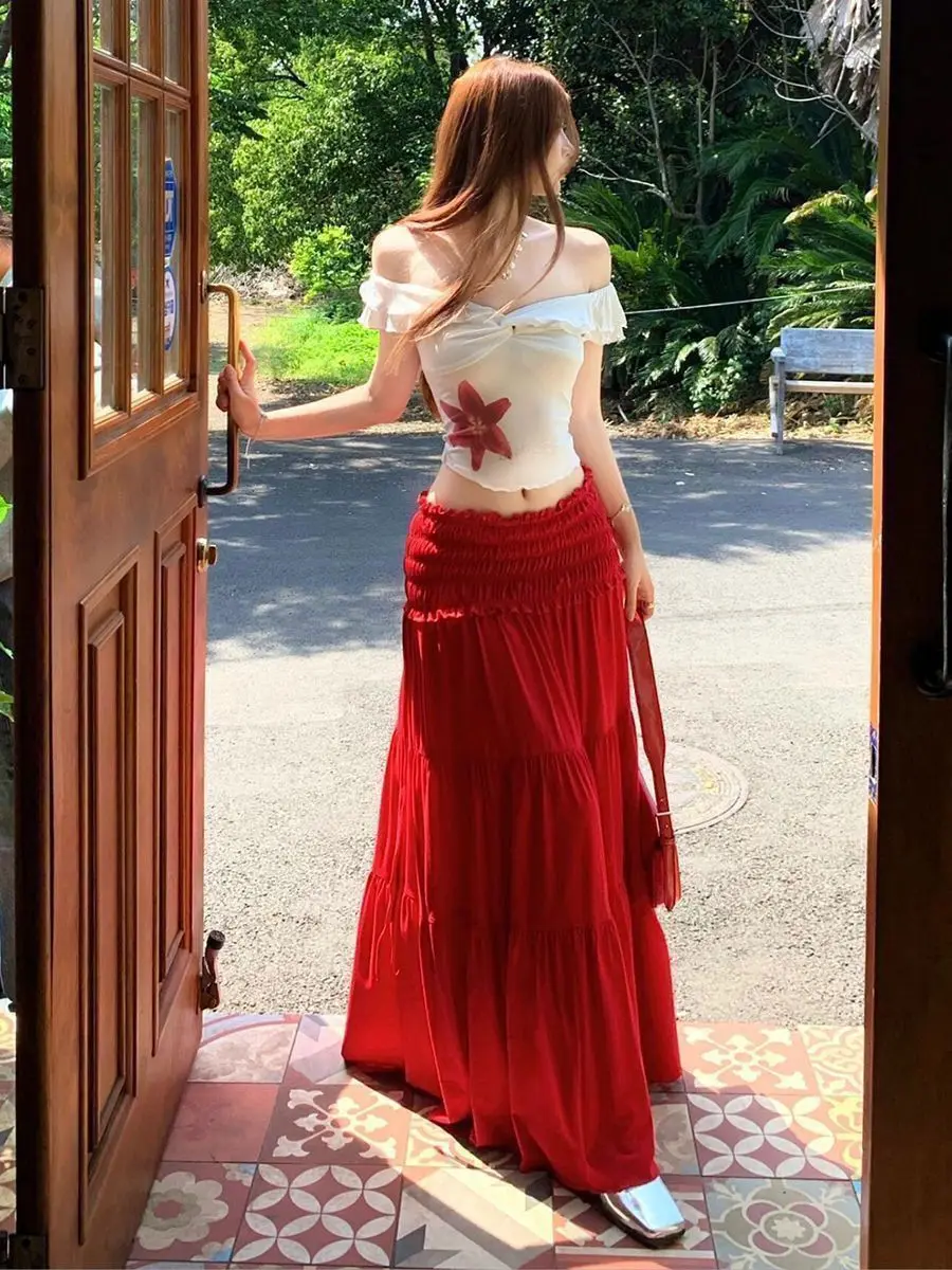 

Off Shoulder Two Piece Set 2025 Summer Bodycon Maxi Skirt Outfit Coquette Aesthetic Elegant Womens Fashion