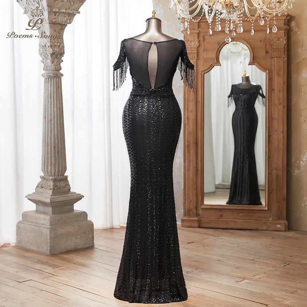 Elegant Black Sequin Evening dress Tassel Sleeves Sheer Mesh Floor-Length Formal Dress vestidos de fiestas elegantes muje