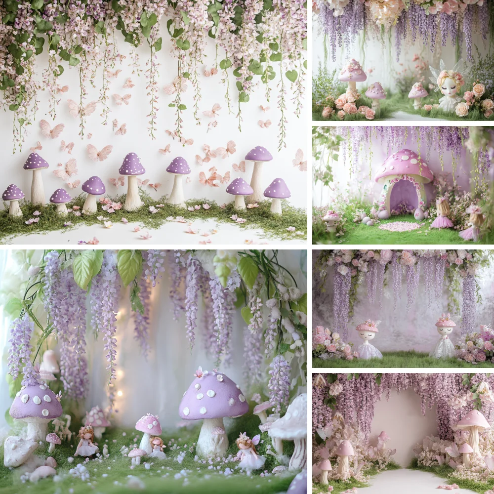 

Dreamy Photography Backdrop Wisteria Blooming Flowers Lanterns Candle Purple Mushroom Children Birthday Photo Shoots Background