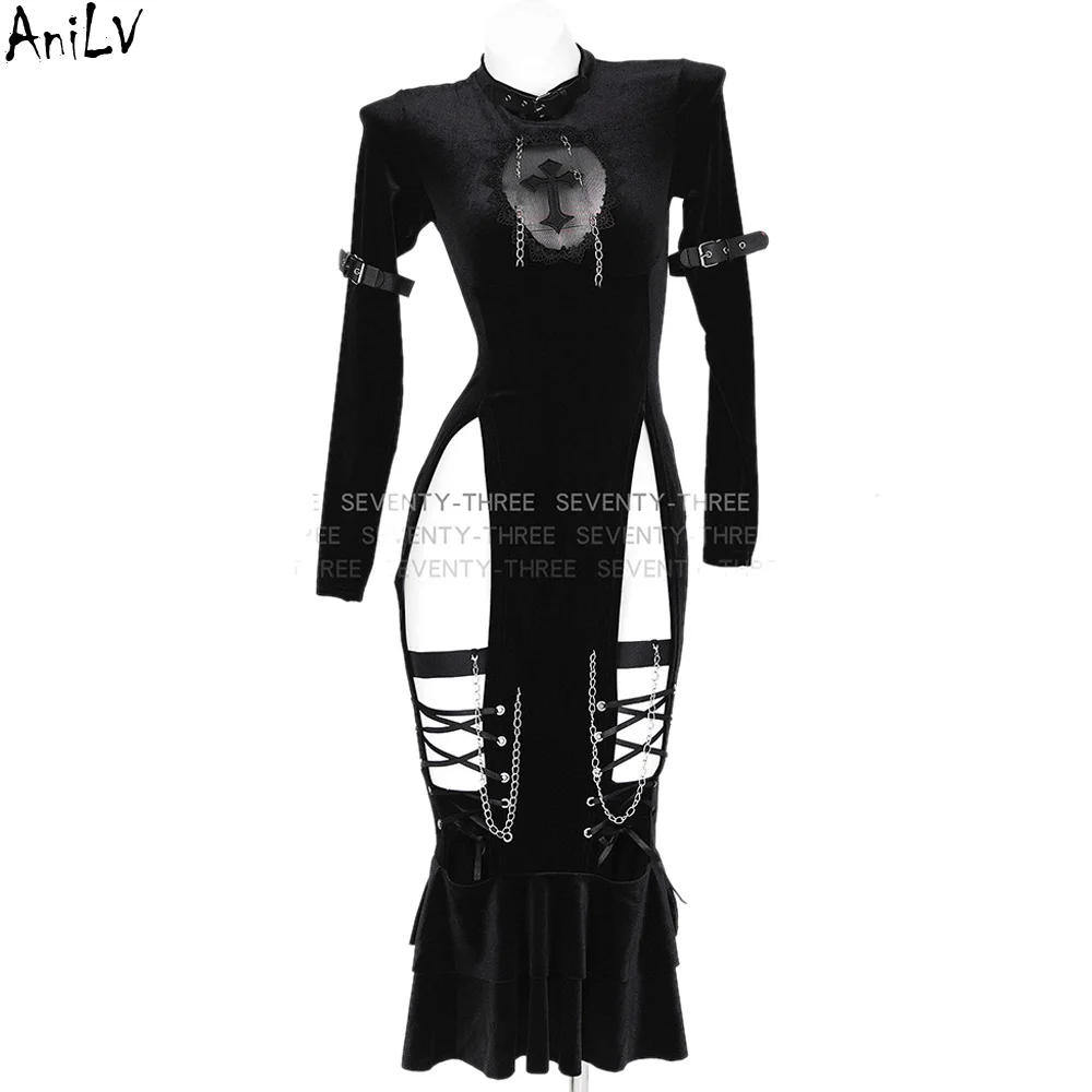 

AniLV темная ведьма с полым крестом бархатное платье «рыбий хвост» униформа монахини Хэллоуин косплей костюм