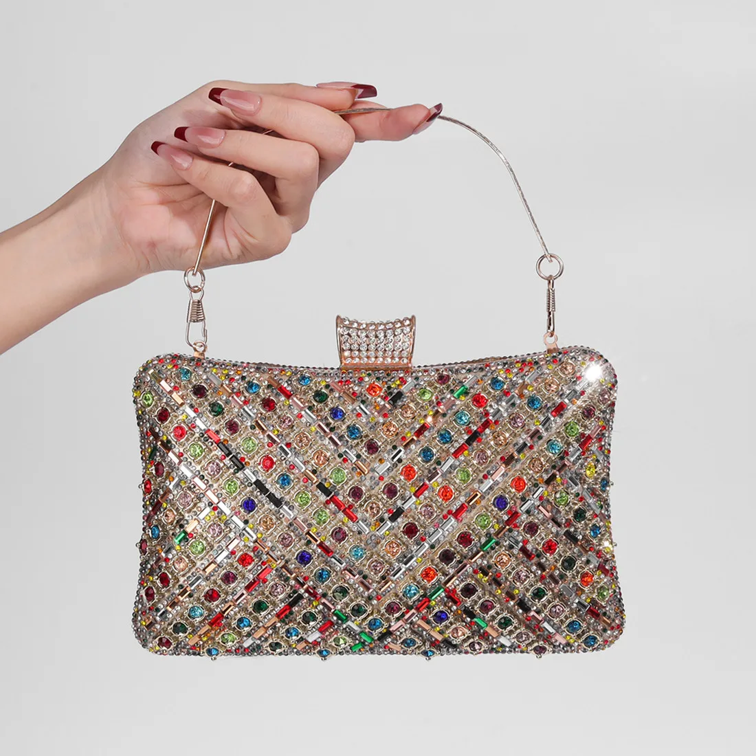 

Shiny Diamond Embedded Small Square Handbag Evening Clutch Bag for Women Elegant Chic Pure Color Lock Buckle Closure Handbag