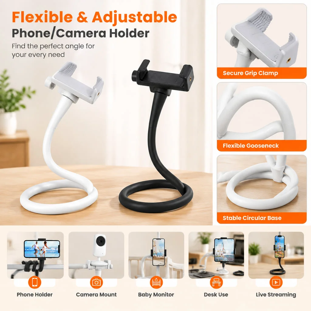 YONGRUN Flexible Phone Holder Camera Monitor Mount Adjustable Clamp Arm for Desk Bedside Crib Office Streaming Home Storage