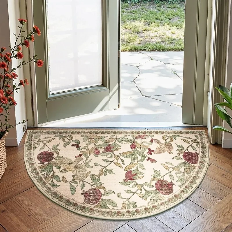 VIKAMA Vintage Pomegranate Bird Half Round Doormat Rustic Botanical Print Non-Slip Entryway Rug Farmhouse Cottage Home Decor