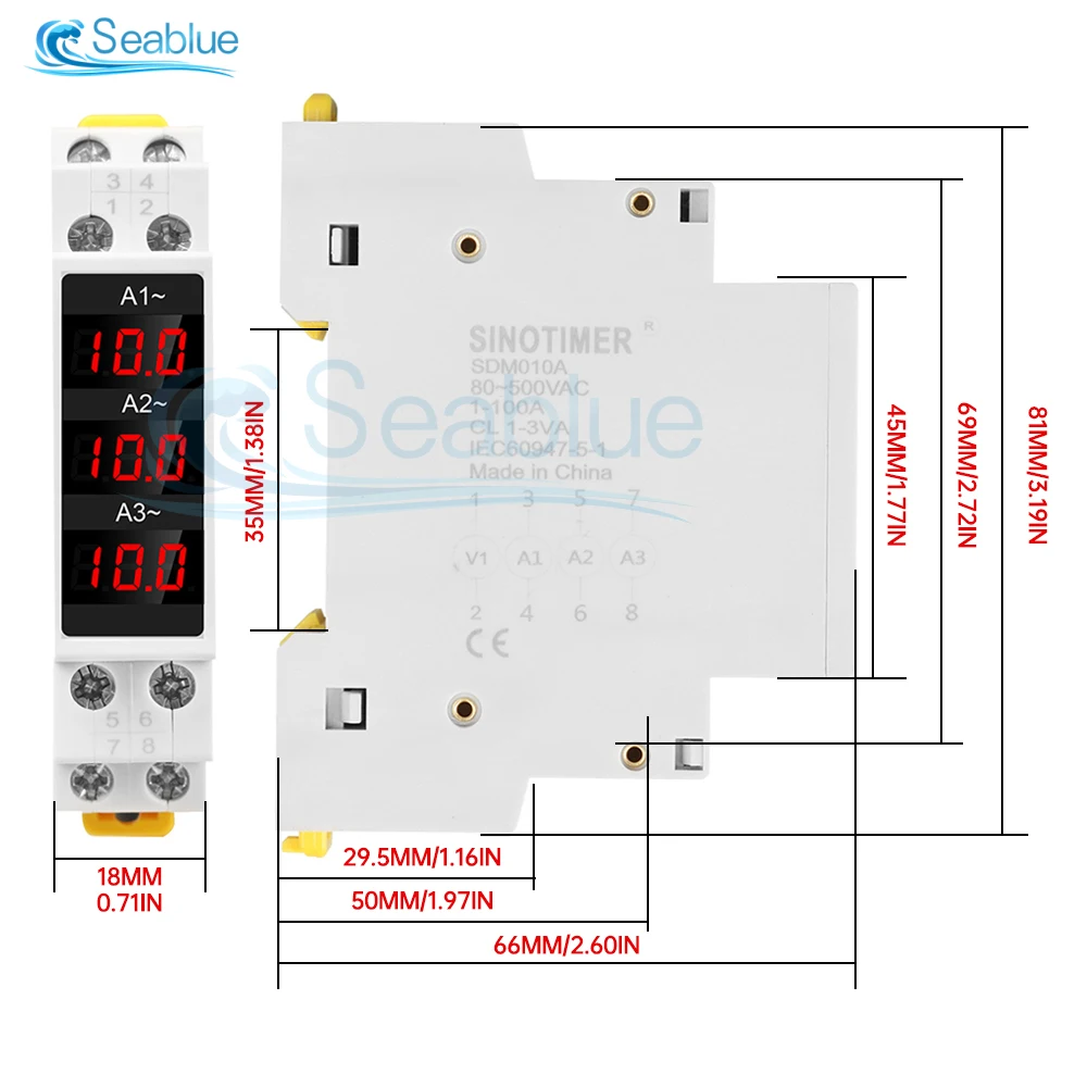 SDM010A Mini Din Rail LED Digital Display Three-Phase Modular Current Meter Gauge Indicator AC 80-500V 1-100A