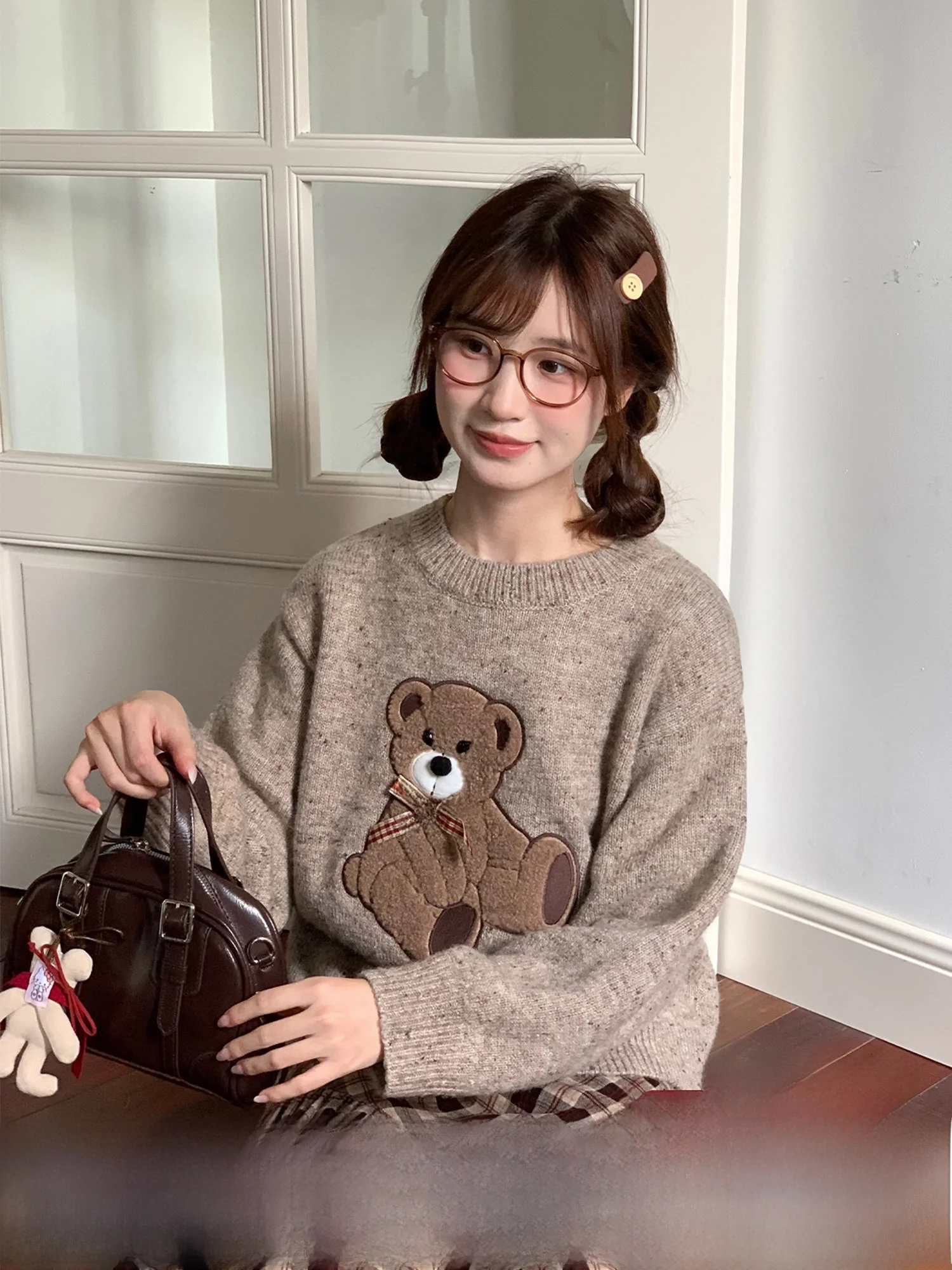 

Женский вязаный свитер с милым узором в виде медведя, круглый вырез, свободный крой, длинный рукав, осенне-зимний модный топ