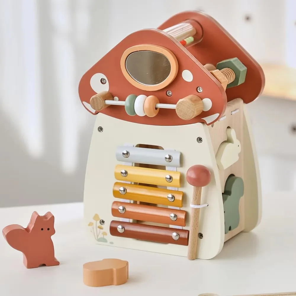 Baby Montessori Toy Wooden Five-in-one Mushroom Castle Stacking Puzzle Toy Kid Houses Blocks Early Childhood Education Gift