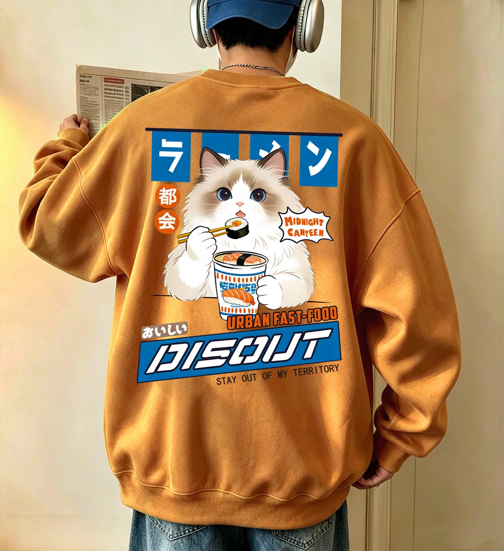 Puppet Cats Who Enjoy Eating Sushi Printed Men Autumn Street Tops All-Match Fleece Sweatshirts Classic Hip Hop Streetwear