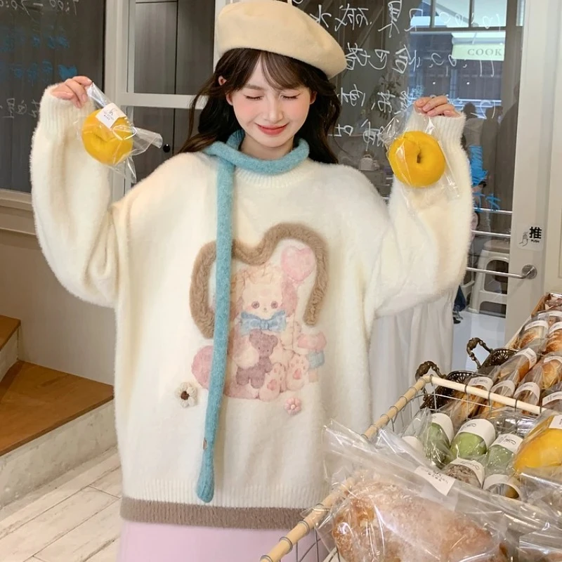 Kawaii لوليتا نمط محبوك البلوفرات النساء Harajuku الكرتون الأرنب سترة الخريف الشتاء اليابانية لطيف فضفاض تريكو معطف