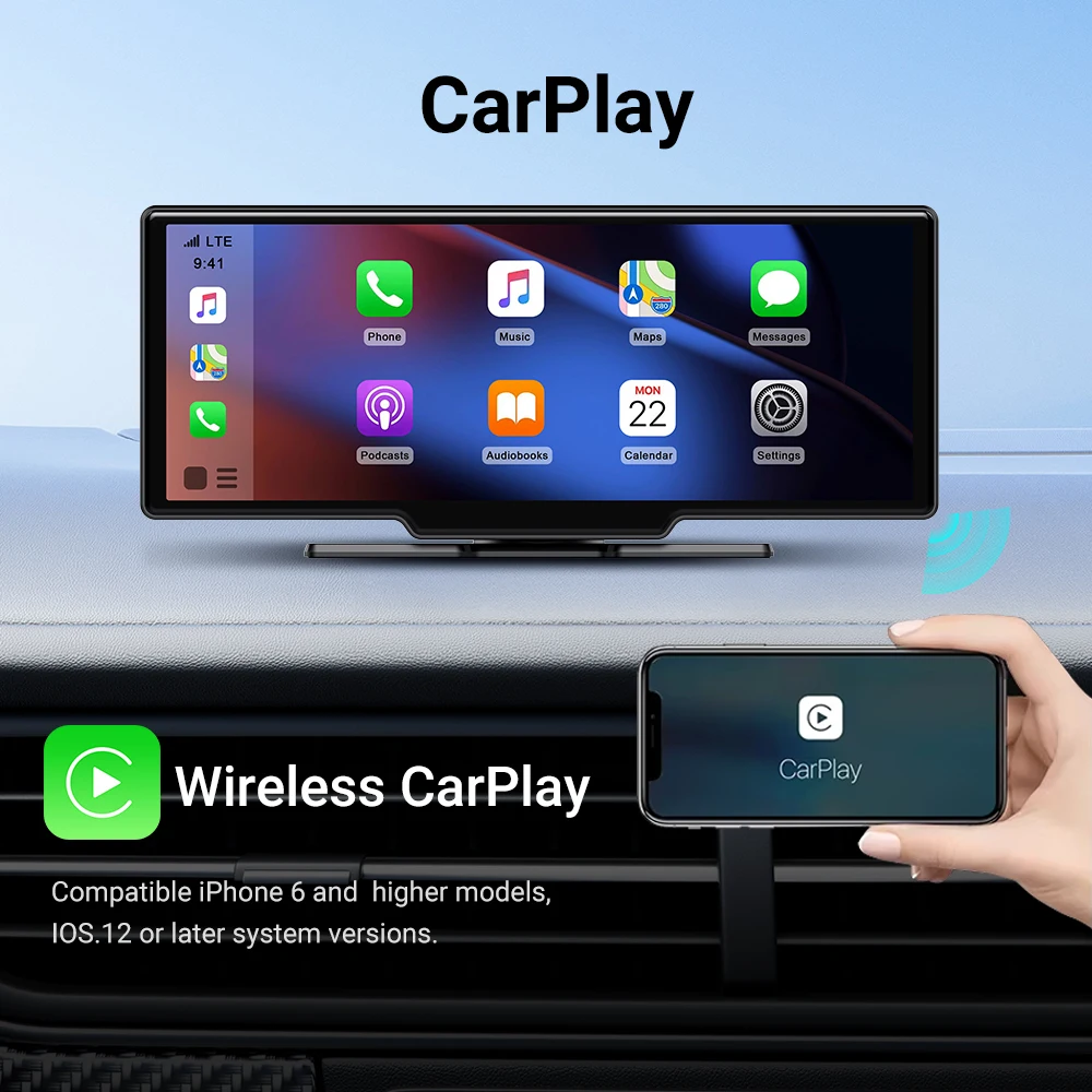 XUDA NEW 10.26 inch 4K DVR Wireless CarPlay & Android Auto Portable Dash Cam IPS Touch Screen Bluetooth Audio Dual Lens Recorder