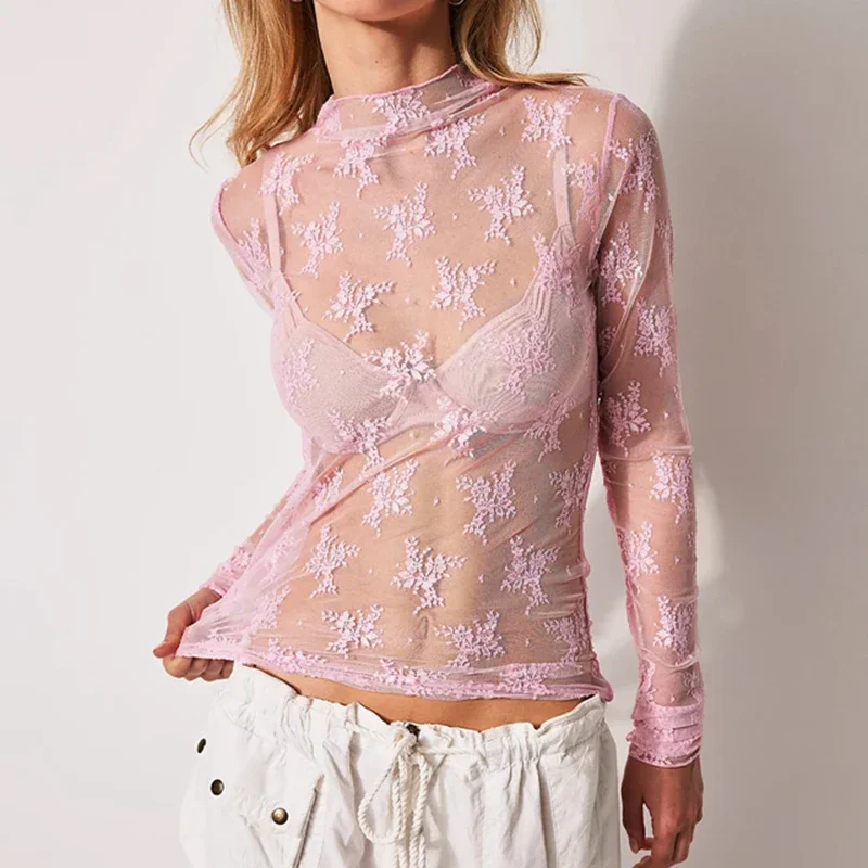 Sexy Sheer Mesh Long Sleeve Crop Top for Women Mock Neck Floral Lace Tshirt Fairy Coquette See Through Tees Blouse Cover-ups