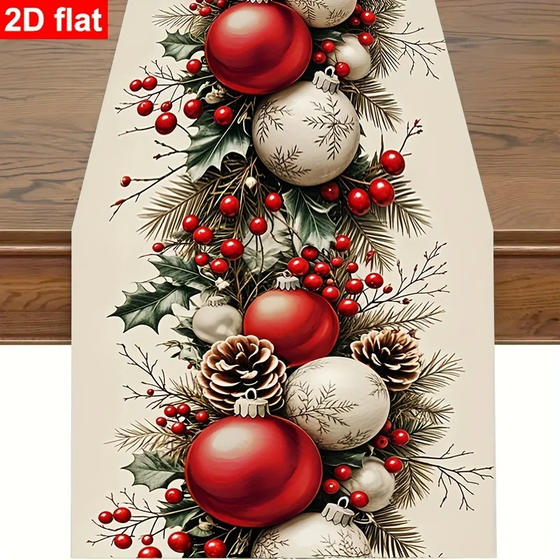 2D‑Printed Christmas Ball Pine Branch Table Runner, Decor for Dining Table, Coffee‑Table, Gatherings, Indoor‑Outdoor Parties