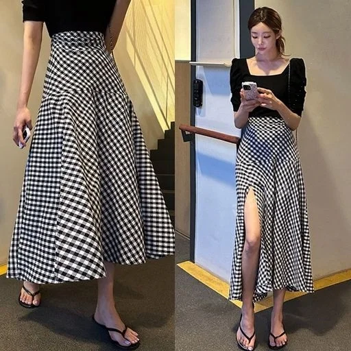 

Ele клетчатая юбка, женская модная летняя юбка-миди с высокой талией и глубоким разрезом, повседневная одежда для поездок на работу, корейская версия