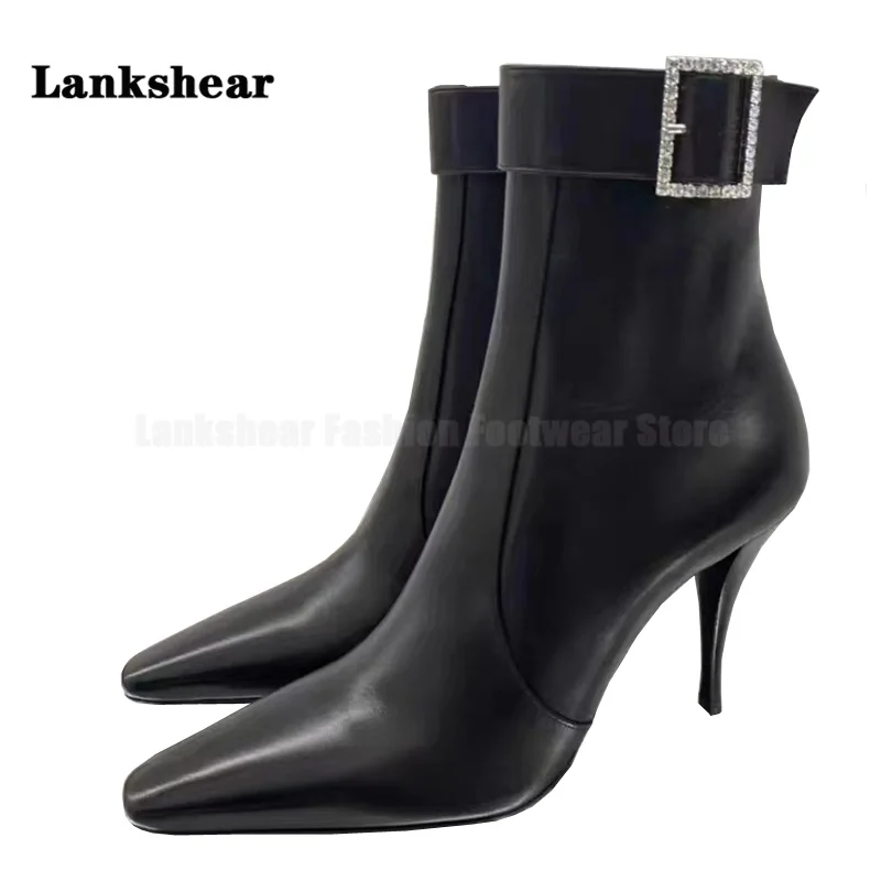 Black Belt Buckle Stiletto High-Heeled Short Boots Women's New Spring and Autumn Leather Pointed Single Boots Knight Boots