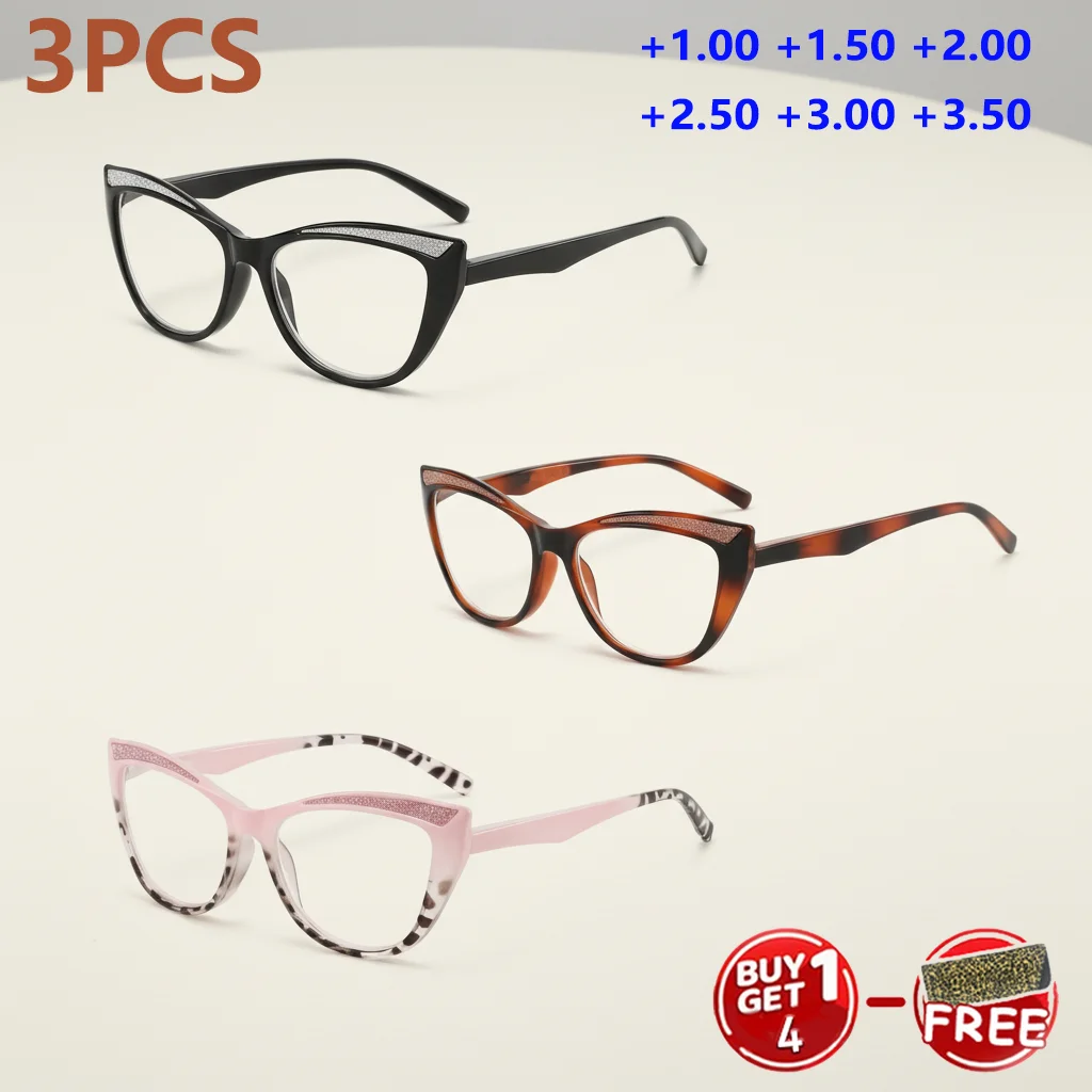 3 قطع نظارات قراءة عين القطة للنساء، مجموعة متعددة الألوان، مفصلات زنبركية، تتراوح التكبير من +1.00 إلى +3.50