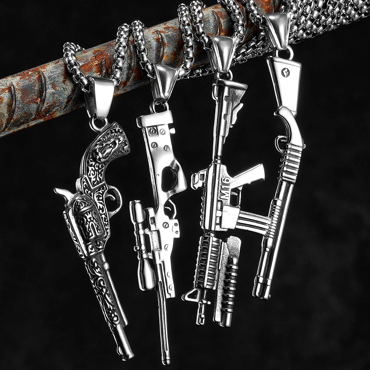 Gun Series AK47 M16 Sniper Rifle Stainless Steel Jewelry Men Necklaces with Pendant For Male Women Punk Hip Hop Gifts Wholesale