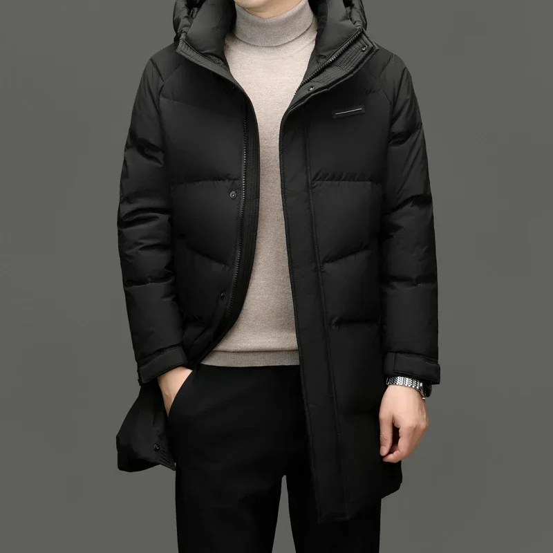 Black and White Hooded Men's Down Jacket Medium-length Duck Down 2024 New Autumn and Winter Jack Thickened Clothing Coat