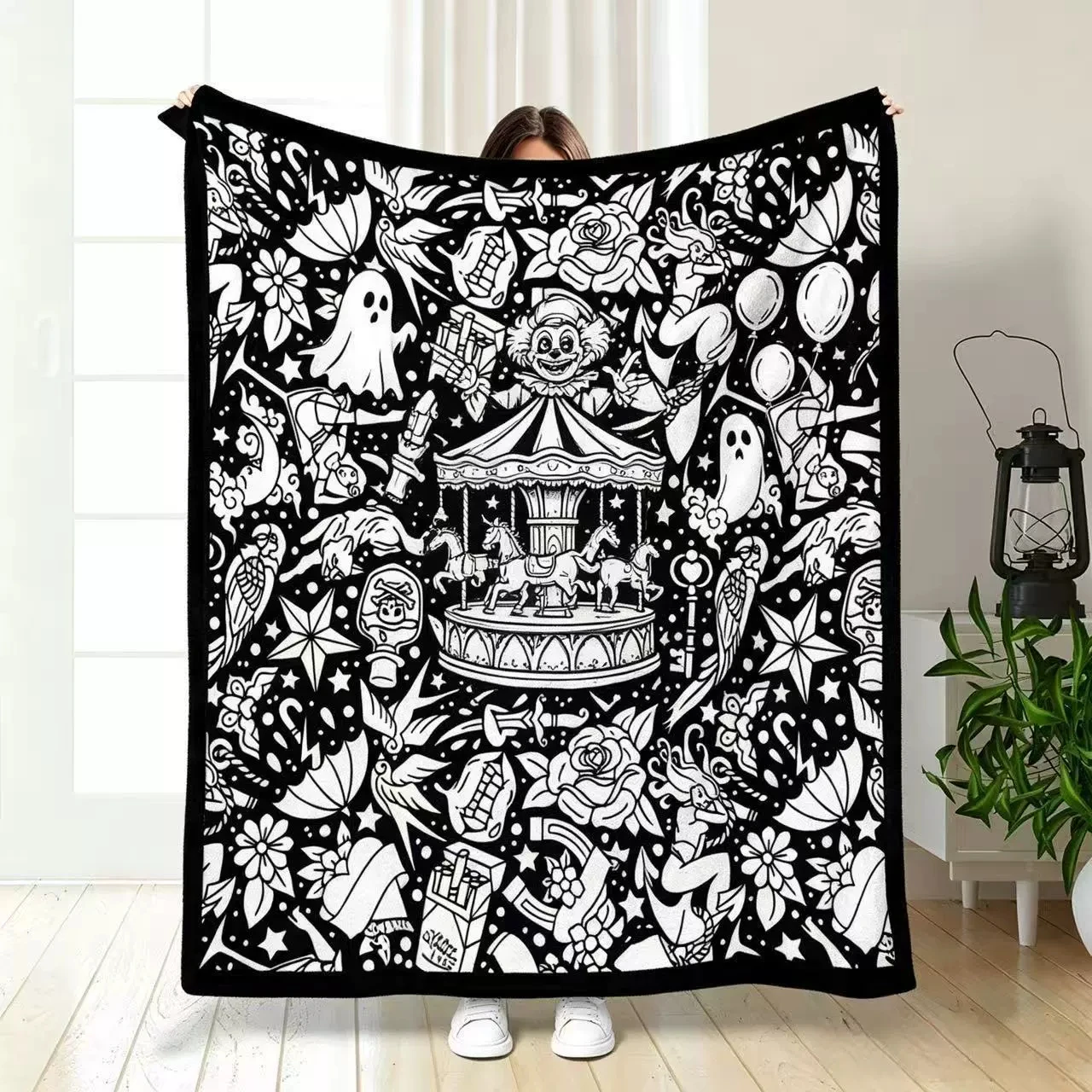Casual Dark Circus Old School Tattoo Mix Print DIY blanket Cozy Warm Blanket Lightweight Cover For Nap Camping Ornament