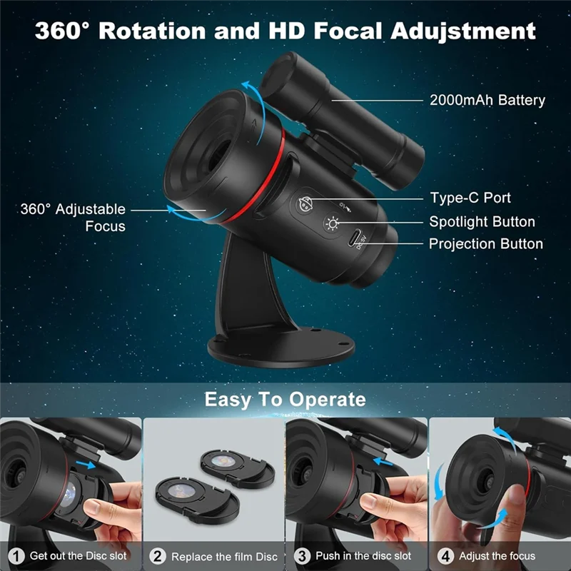 VELIF-Galaxy Star 360 °   Lampu Proyektor Planetarium Berputar Baterai 2000Mah- Untuk Kamar Anak & Dekorasi Natal