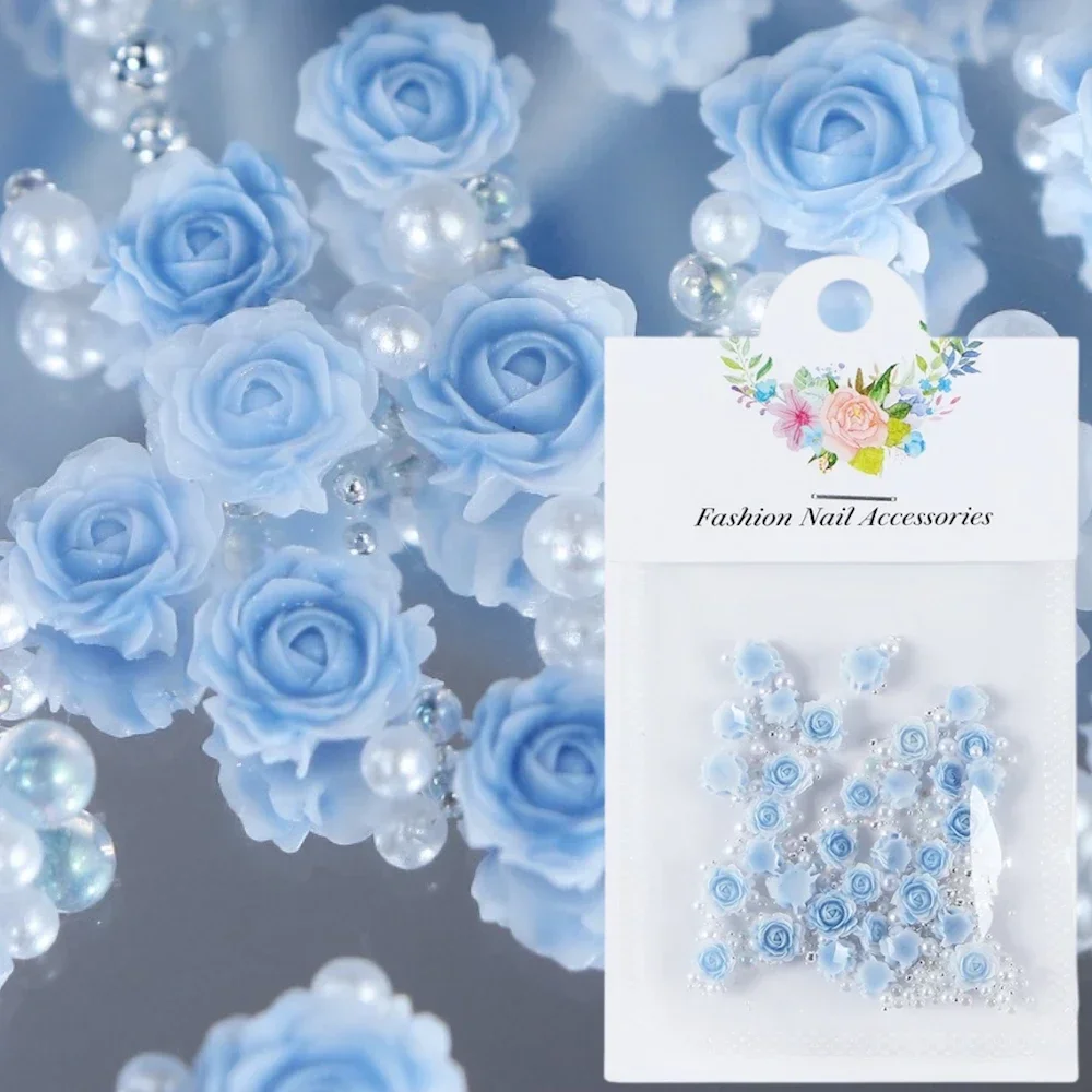 

30Pcs Gradient Blue Rose Flower Nail Charms Pearl Beads Rhinestone Decoration Valentine Nails Accessories Supplies Luxury Parts