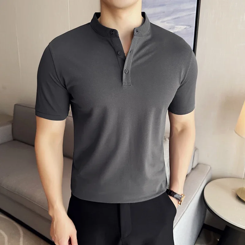 Men Chinese Standing Neck Polo Shirt 2024 Summer New Thin Solid Color Casual Short Sleeved Elastic Slim Fit T-shirt Men Clothing