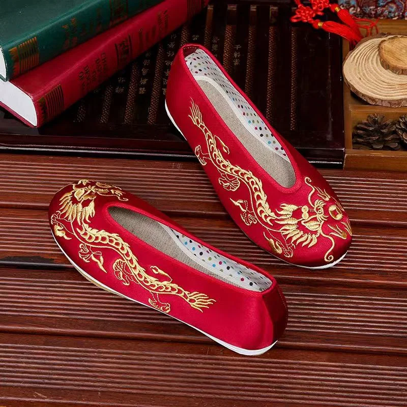 الكلاسيكية الصينية Hanfu التطريز الزفاف حذاء مسطح العروس الرجال النساء سلالة تانغ القطن مرحلة ملابس رقص الطرف الأحمر القديم