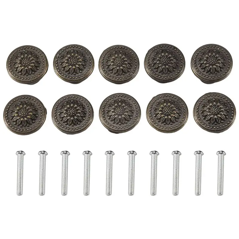 BHTS-10 Pack Antique Bronzy Flower Round Handle Kitchen Cabinet Cupboard Door Drawer Pull Knob With Screws 25 X 23Mm