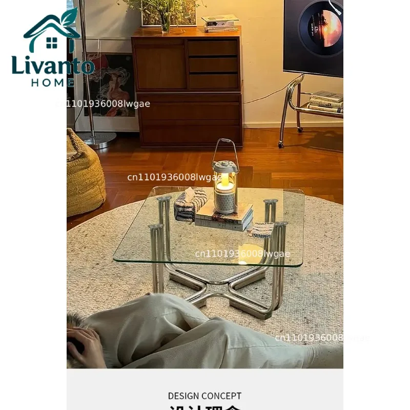 

Light Luxury Coffee Table Transparent Glass Coffee Table Living Room Sofa Side Table Stainless Steel Square Side Tables