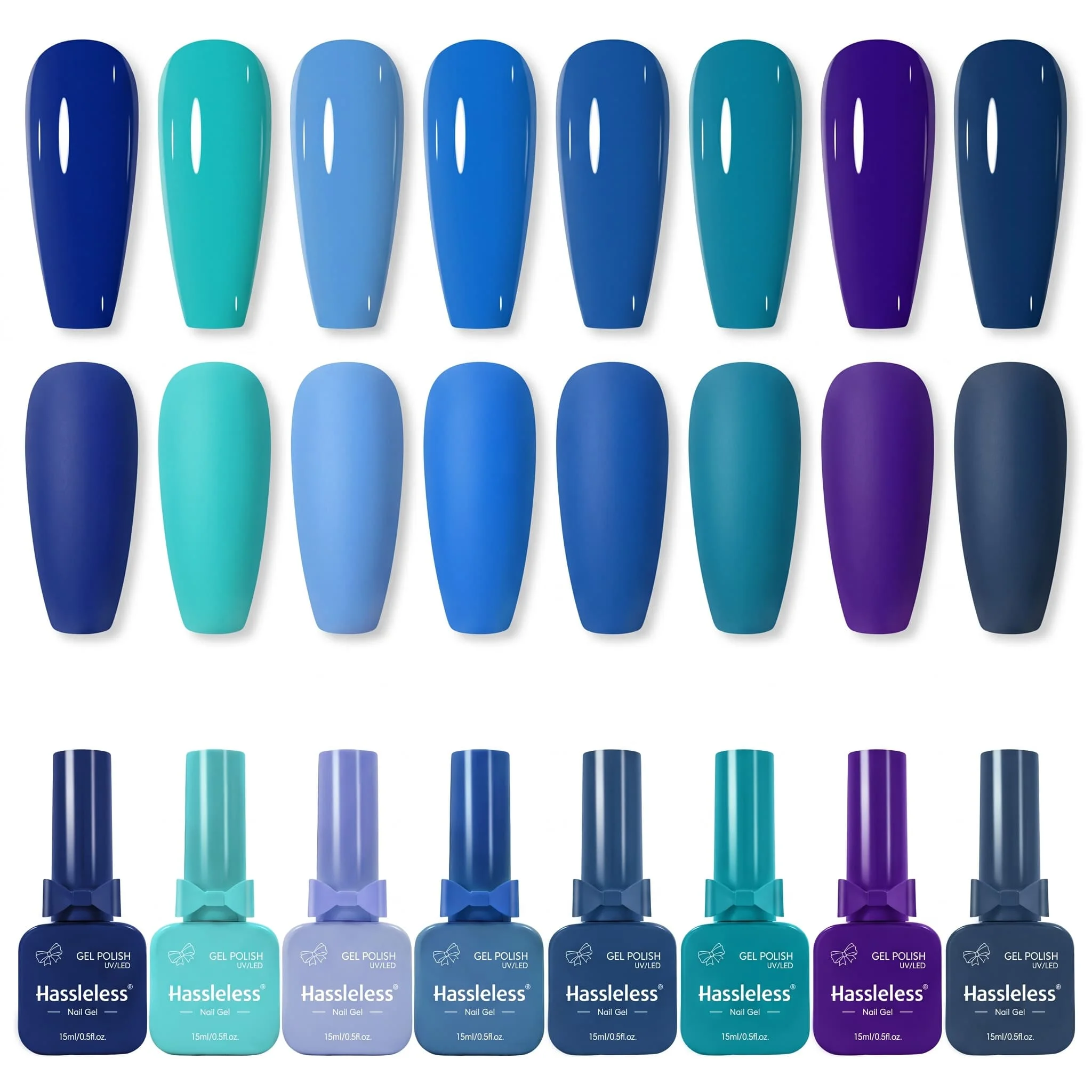 Hassleless 8-piece gel nail polish set, high-gloss mirror effect, suitable for all nail shapes, beginner-friendly, suitable for home DIY and professional salon manicures