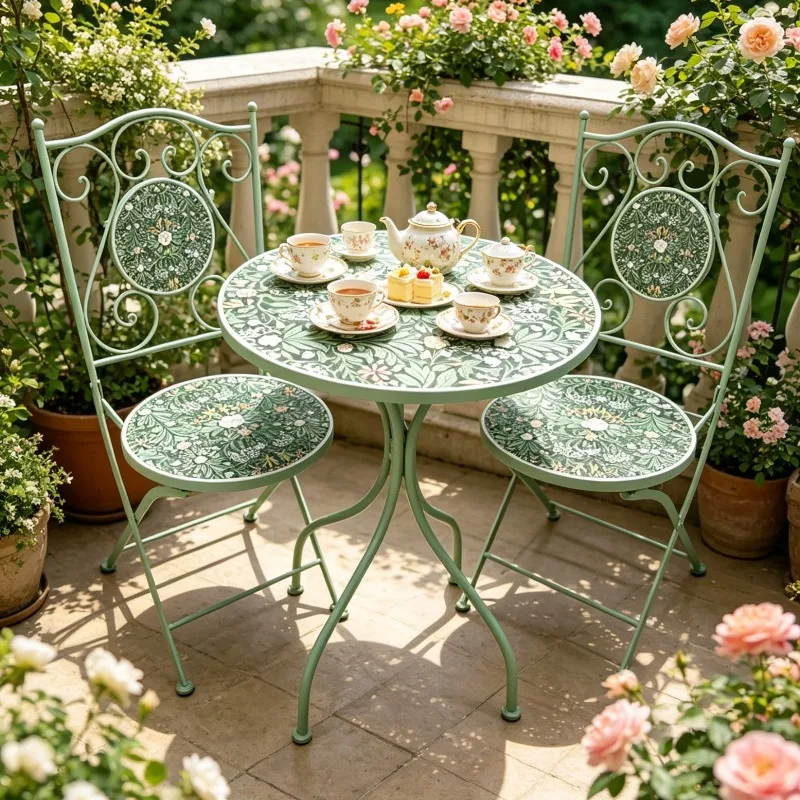 American Country Rustic Iron Table & Chair Set, Indoor Outdoor Decor for Balcony Patio Villa Terrace