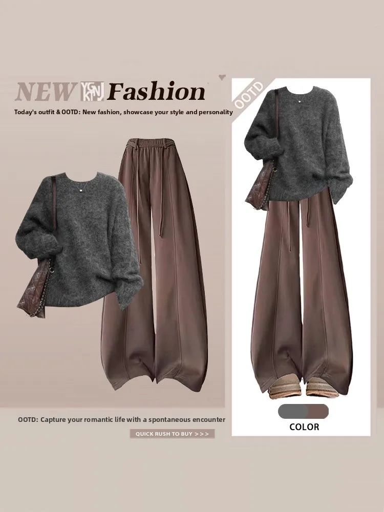 

Retro ey Knitted Sweater High Waist Wide Leg Pants Women's Two-Piece Set Casual Maturi Spring Faion Ensemble