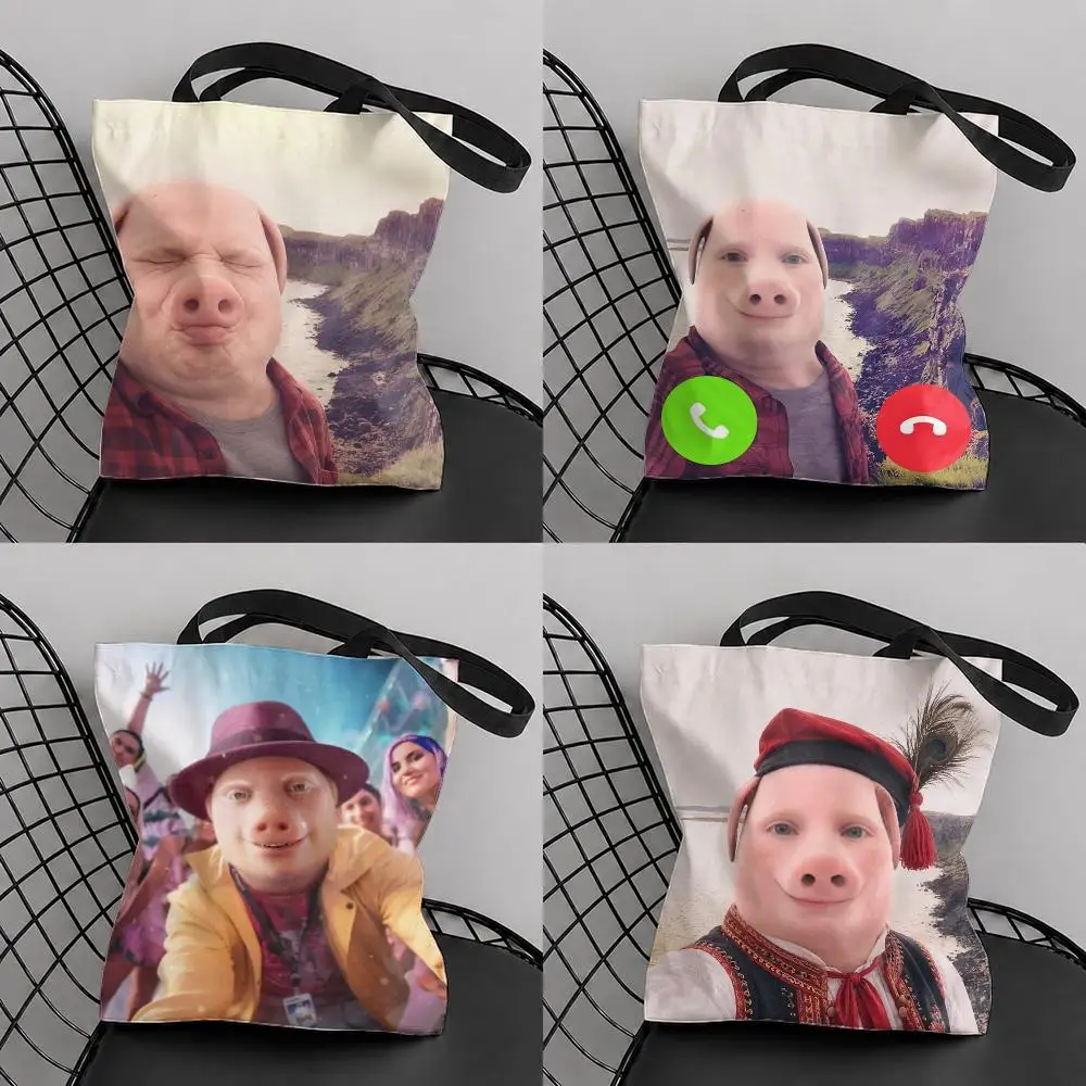John Pork Is Calling Storage Bags Large Canvas Tote Bag Double-Sided Print Reusable Shoulder Handbag for Daily Shopping