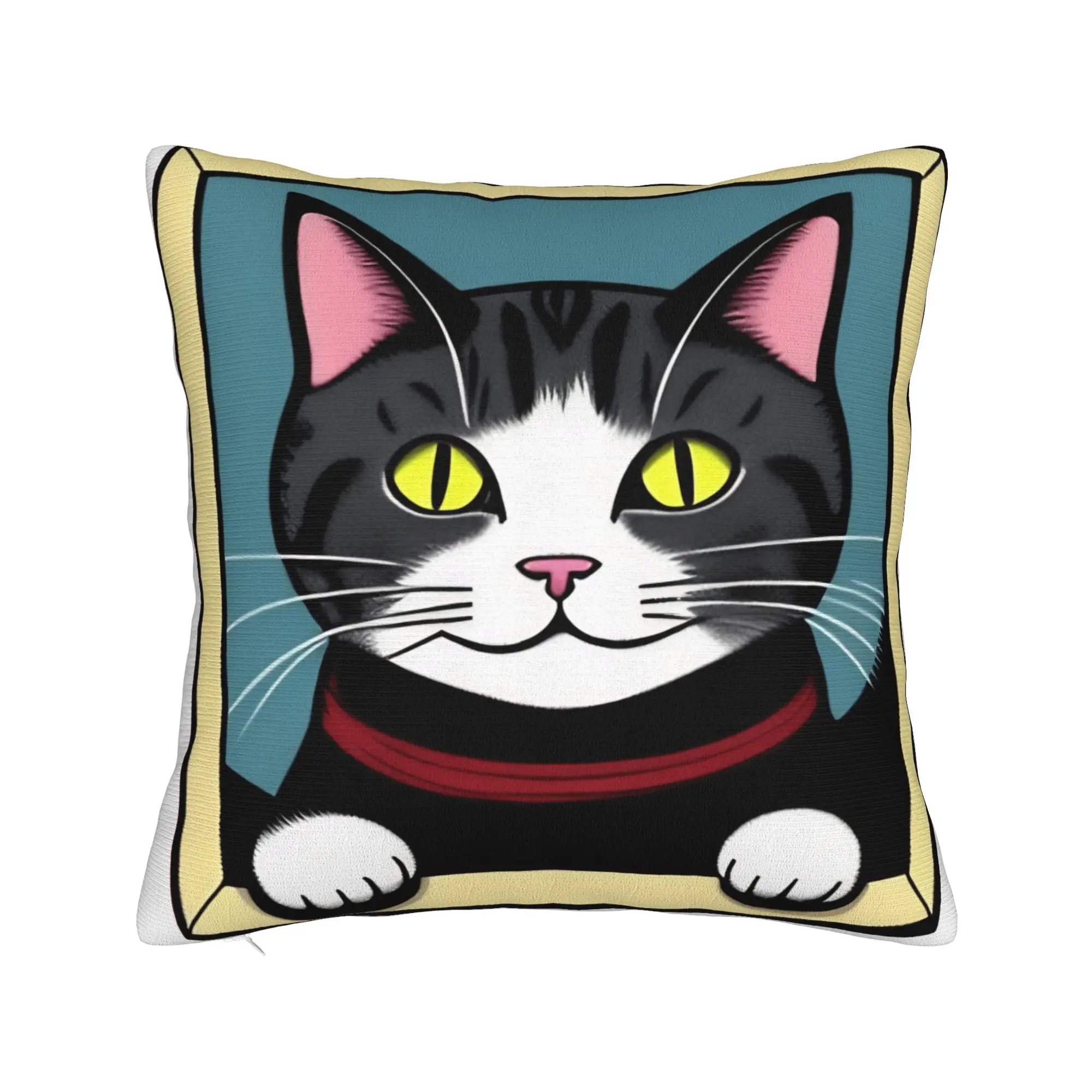 Cute Caroon Cat Portrait Photo Frame Art Pillow Case  Soft Pillow Cover Novelty Cushion Cover For Couch Sofa Bedroom