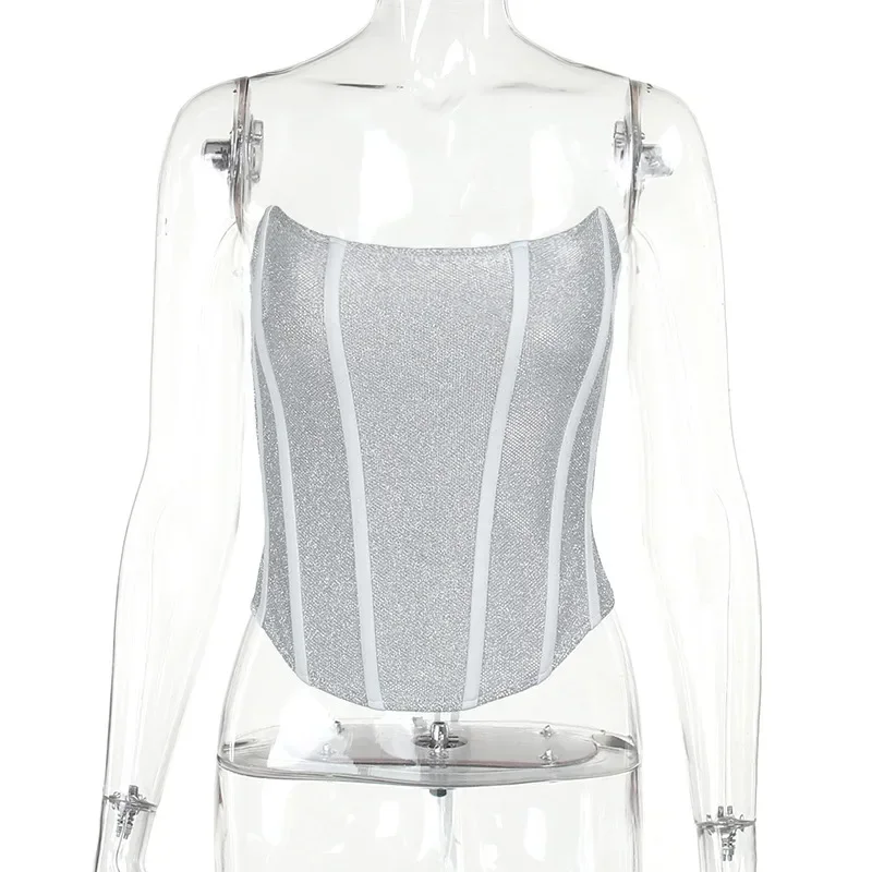 Shiny Lace-up Women Corset Strapless Tank Top Y2K Party Clubwear 2024 Spring Sexy Sleeveless Skinny Bandage Backless Outfits