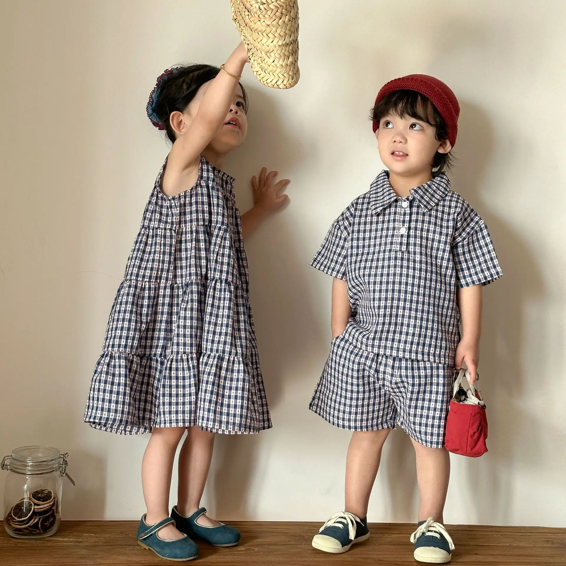 2026 Summer New Children Short Sleeve Clothes Set Boys Plaid Shirts + Shorts 2pcs Suit Girls Vest Dress Brother Sister Outfits
