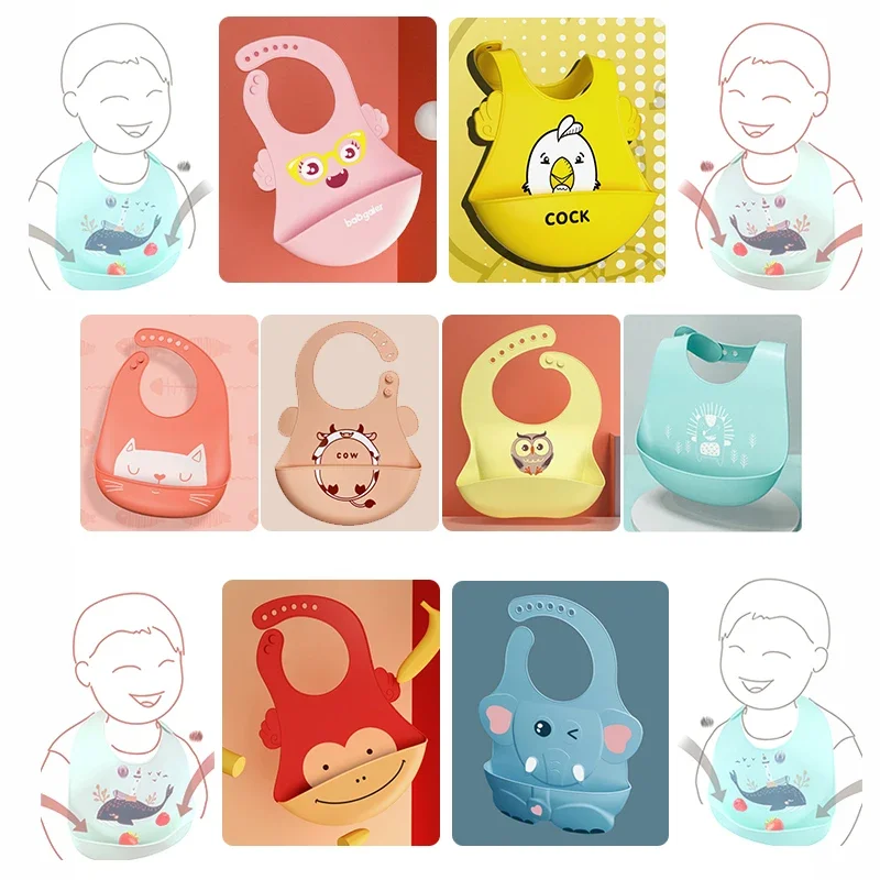 

New Baby Bib Adjustable Different styles Animal Picture Waterproof Saliva Dripping Bib Soft Edible Silicone As For Kids Gift