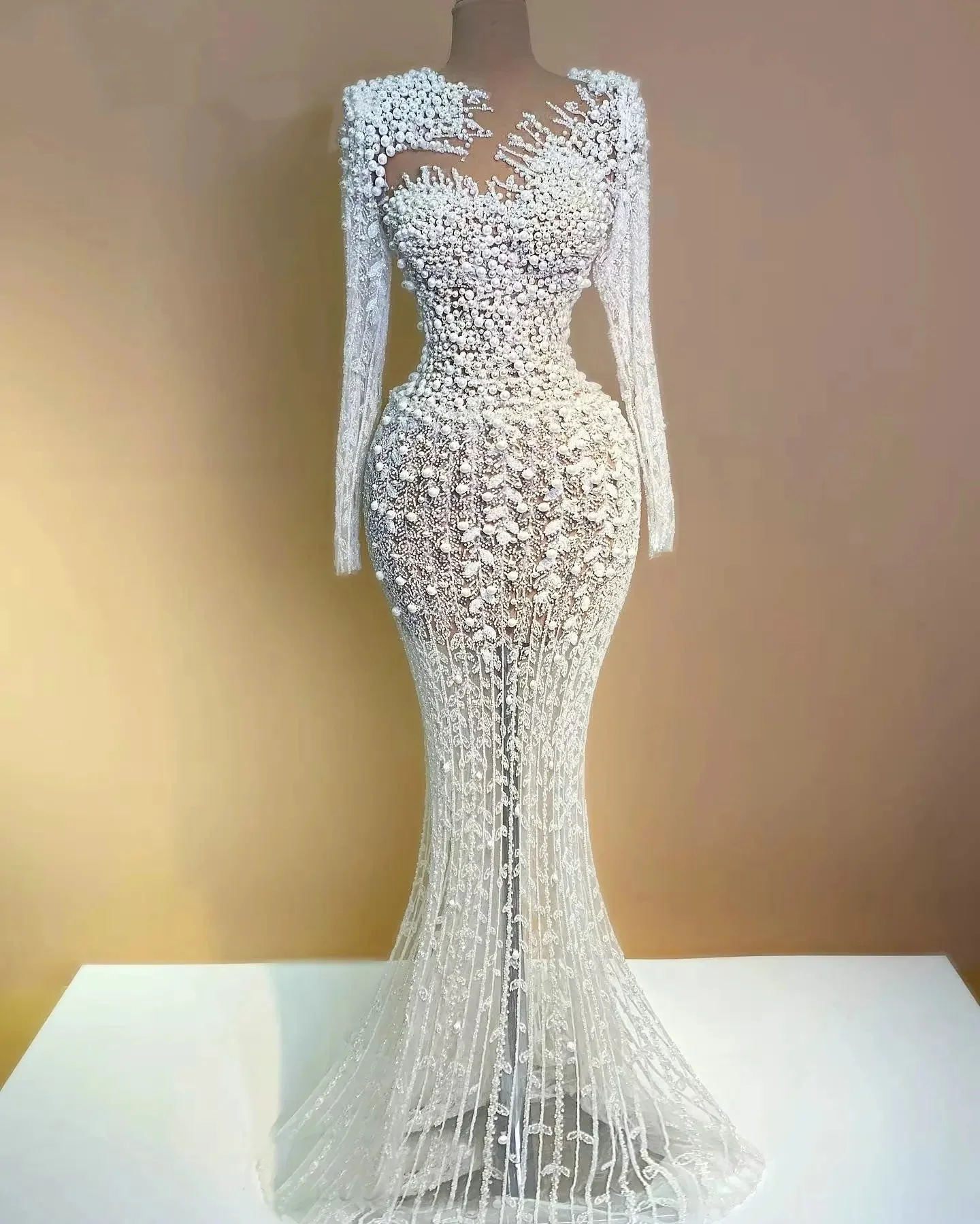 Customized Sheer Neck Heavy Fully Beads Pearls Wedding Dress with Removable Skirt Robe De Mariée Long Sleeves Luxury Bridal Gown