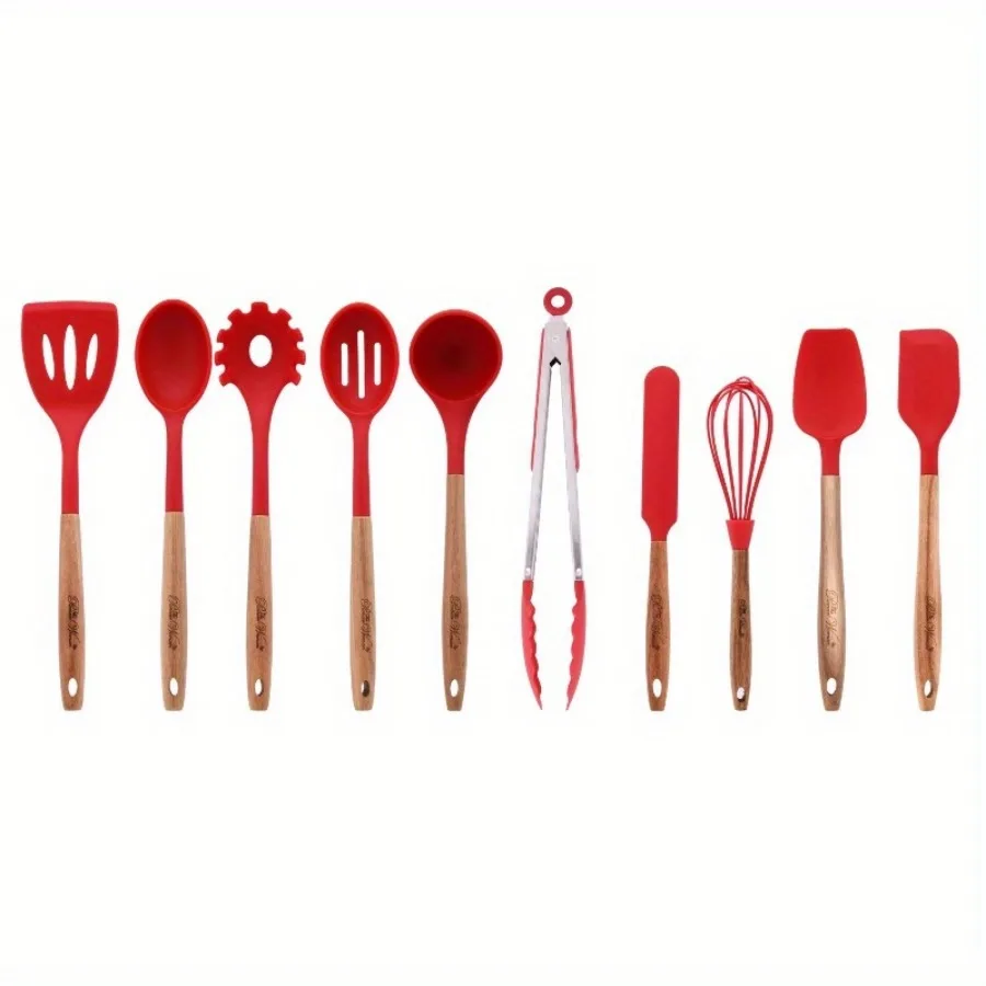 

10-Piece Silicone and Wooden Handle Kitchen Cooking Utensil Set, Red