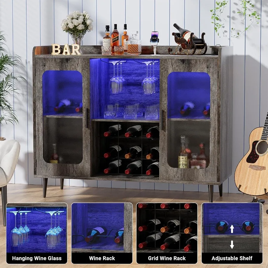 Bar d'armoire à liqueur avec prise de courant, lumière LED avec support à vin et verres pour le rangement de la cuisine et de la salle à manger, chêne noir Fi