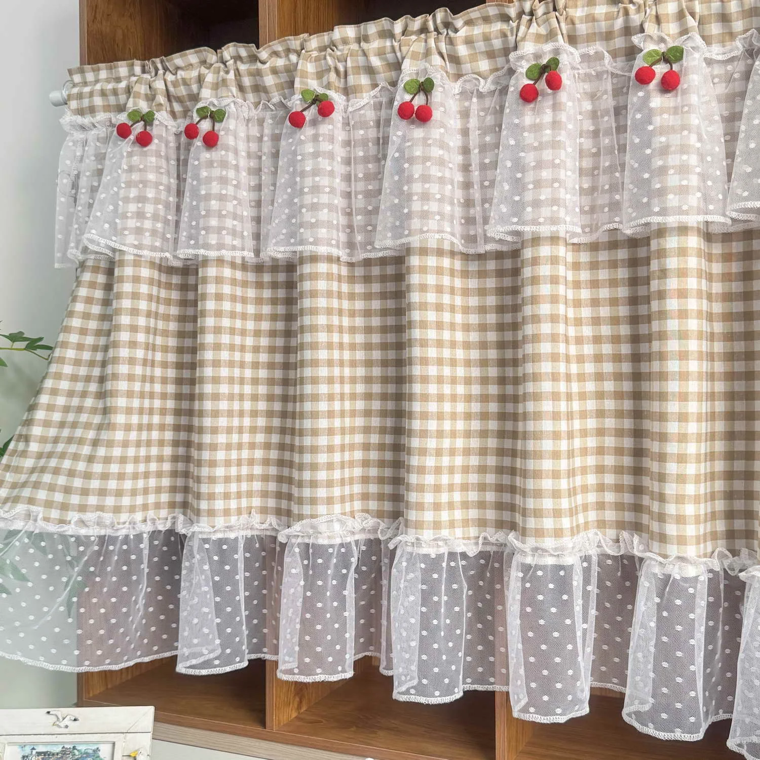 American Countryside Two Tone Checkered Coffee Lace Short Curtain,With Cute Red Cherry Half Curtain, Home Partition Drapes