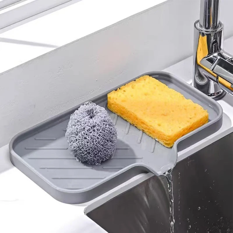 1Pc Silicone Faucet Mat Kitchen Sink Tray Soap Dispenser Sponge Drain Mat Japanese Style Bathroom Kitchen Drain Mat Storage Tray Creative Soap Holder