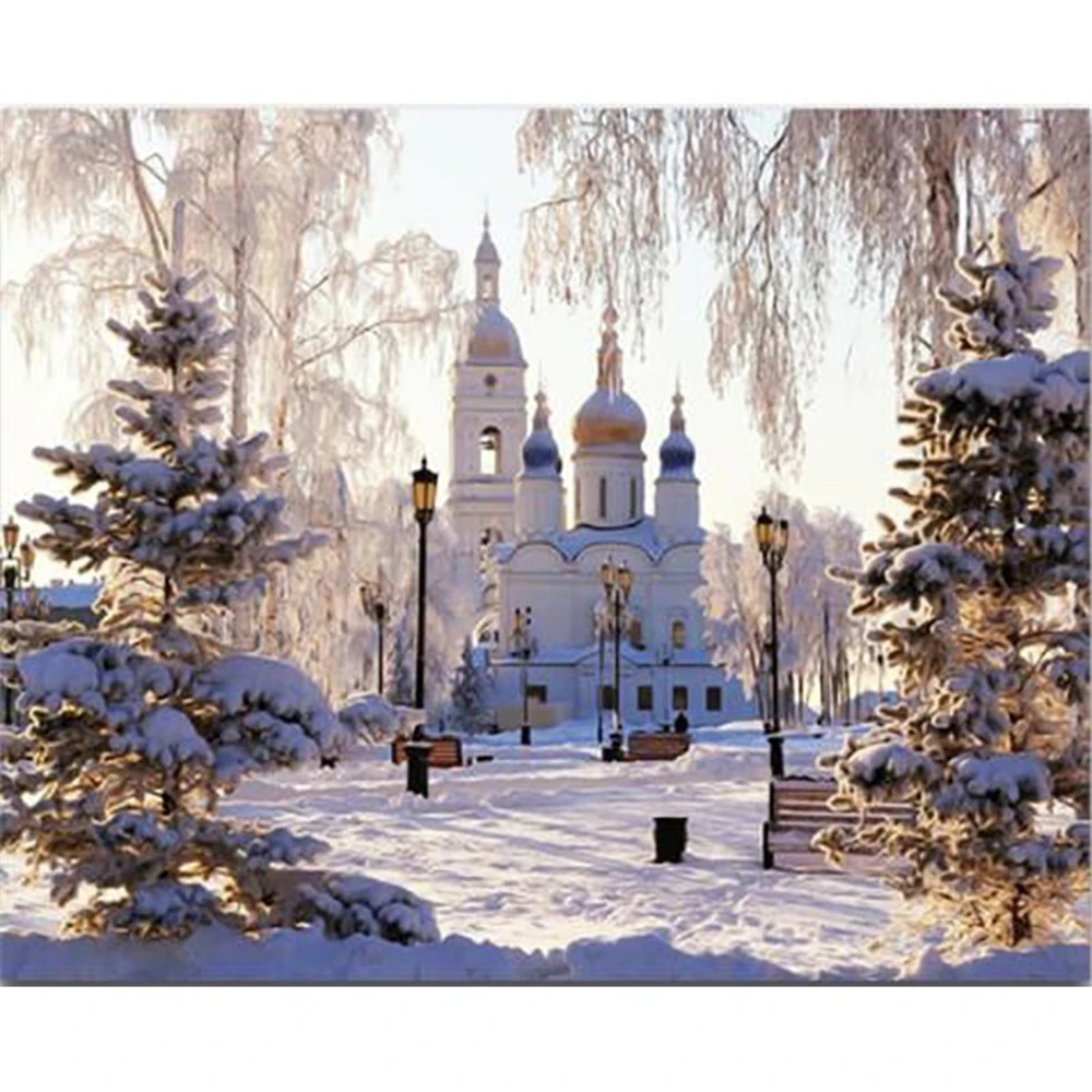 Meian Winter Castle Snow Scenery Landscape 11/14CT Cotton Thread Printed Canvas Zestaw do haftu krzyżykowego Prezent do dekoracji domu