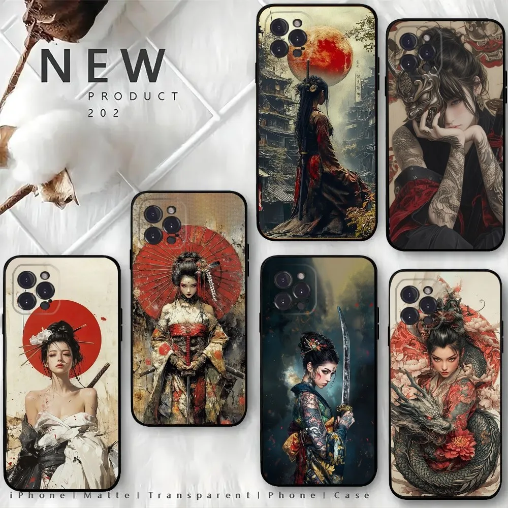 

Samurai Warrior Geisha Phone Case For iPhone 16,15,14,13,12 Mini 11 Pro XR,X,XS,MAX 7,8 Plus Silicone Cover Soft Black