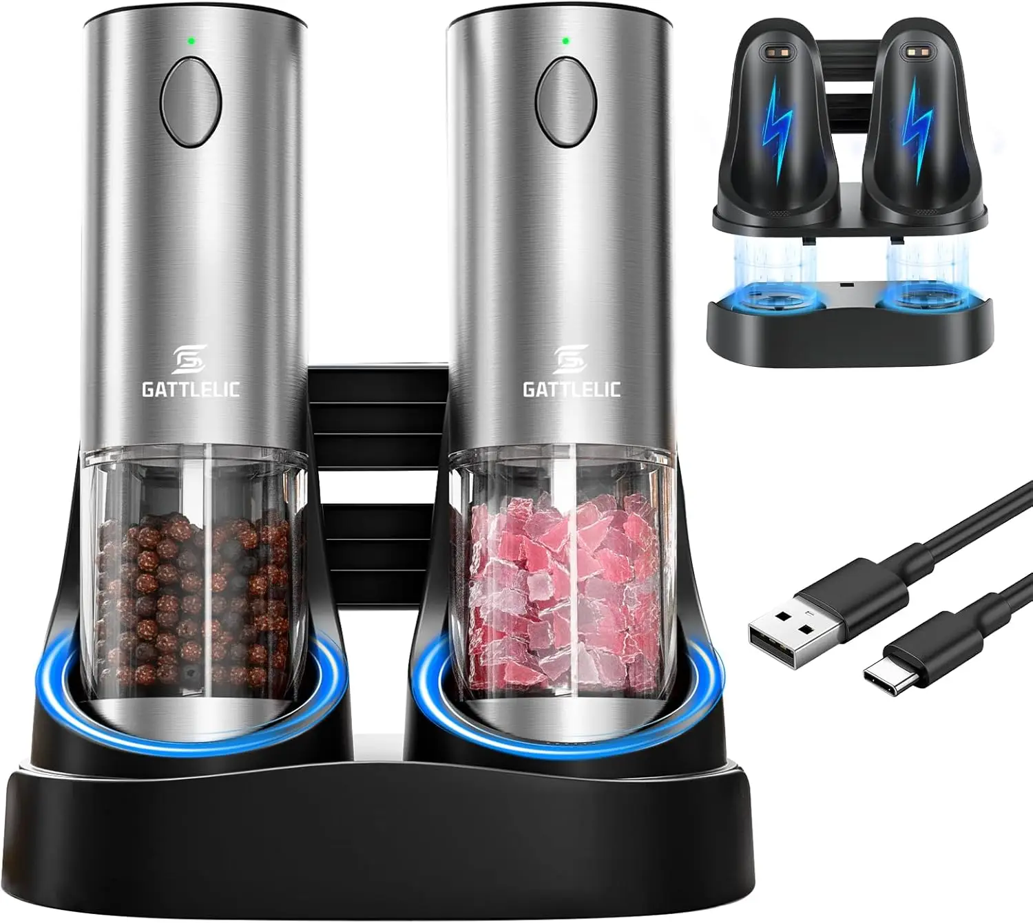 

Electric Salt and Pepper Grinder Set, USB Rechargeable, Adjustable Coarseness, LED Light, 95ml Capacity