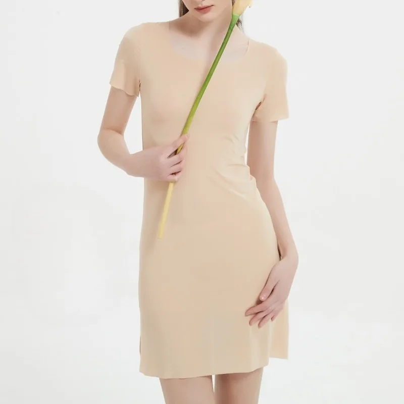 Camisola vestido de seda resfriamento deslizamento para mulher curva sem costura aumentando chemise mangas curtas pena luz loungewear camadas