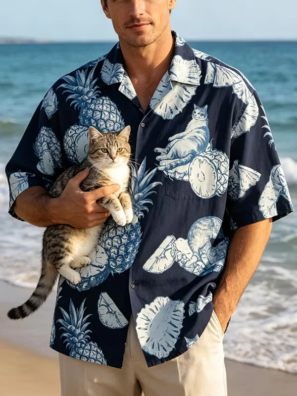 Men's Samurai Cat Vintage Motorcycle Japanese Ukiyo-E Shirts Casual Party Holiday Beach Button-up Top Summer Short Sleeve Blouse