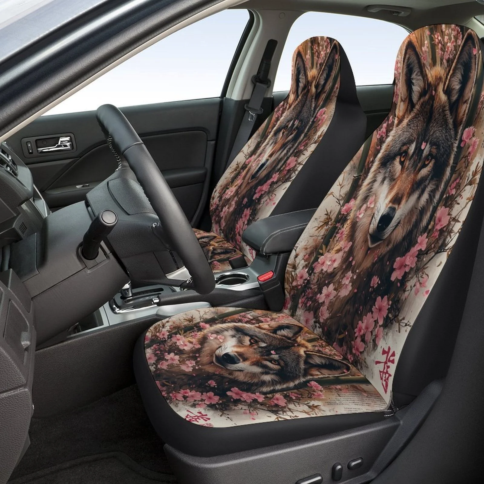 Wolf In Blossoms Designed Car Seat Cover Set For Most Cars, Trendy Novelty High-quality Car Seat Protector Covers Full Set, Univ