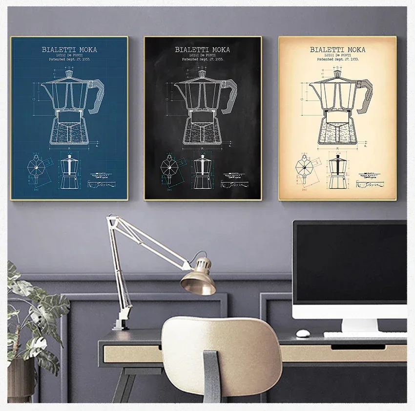 Poster Coffee Blueprint Art Picture Canvas Painting Kitchen Wall Art Decor Coffee Pot Patent Posters And Prints Bialetti Moka